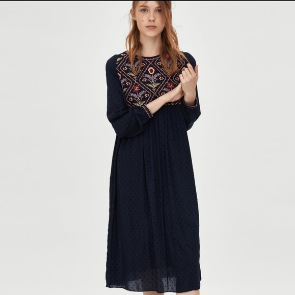 ZARA EMBROIDERED DOTTED MESH MIDI DRESS FLORAL - Picture 2 of 5